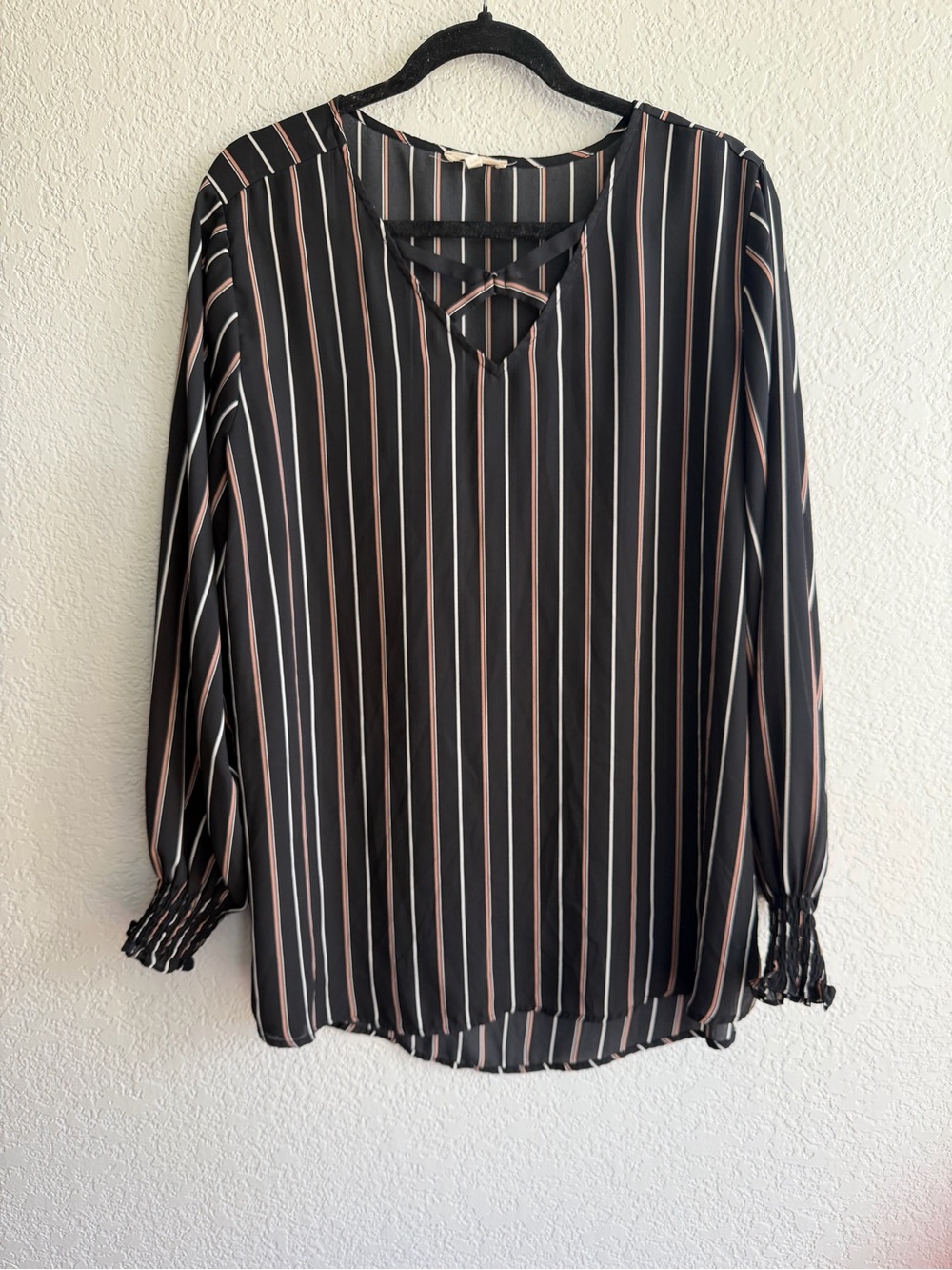 Maurices Black Striped V-Neck Crisscross Long Sleeve Blouse